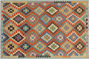 Flat Weave Kilim, Antique, Navaho, Vintage, Handmade, Geometric Kilim Rust Blue Hand-Woven Rectangle 100% Wool Area Rug 5 x 6
